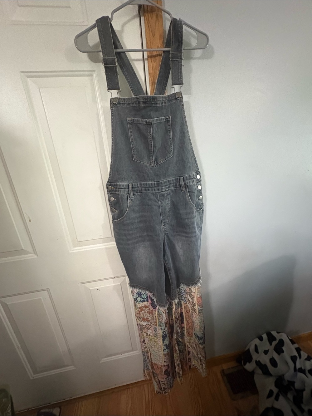 Women's Easel Gray Denim  Overalls with Patterned Wide-Leg Inserts NWT